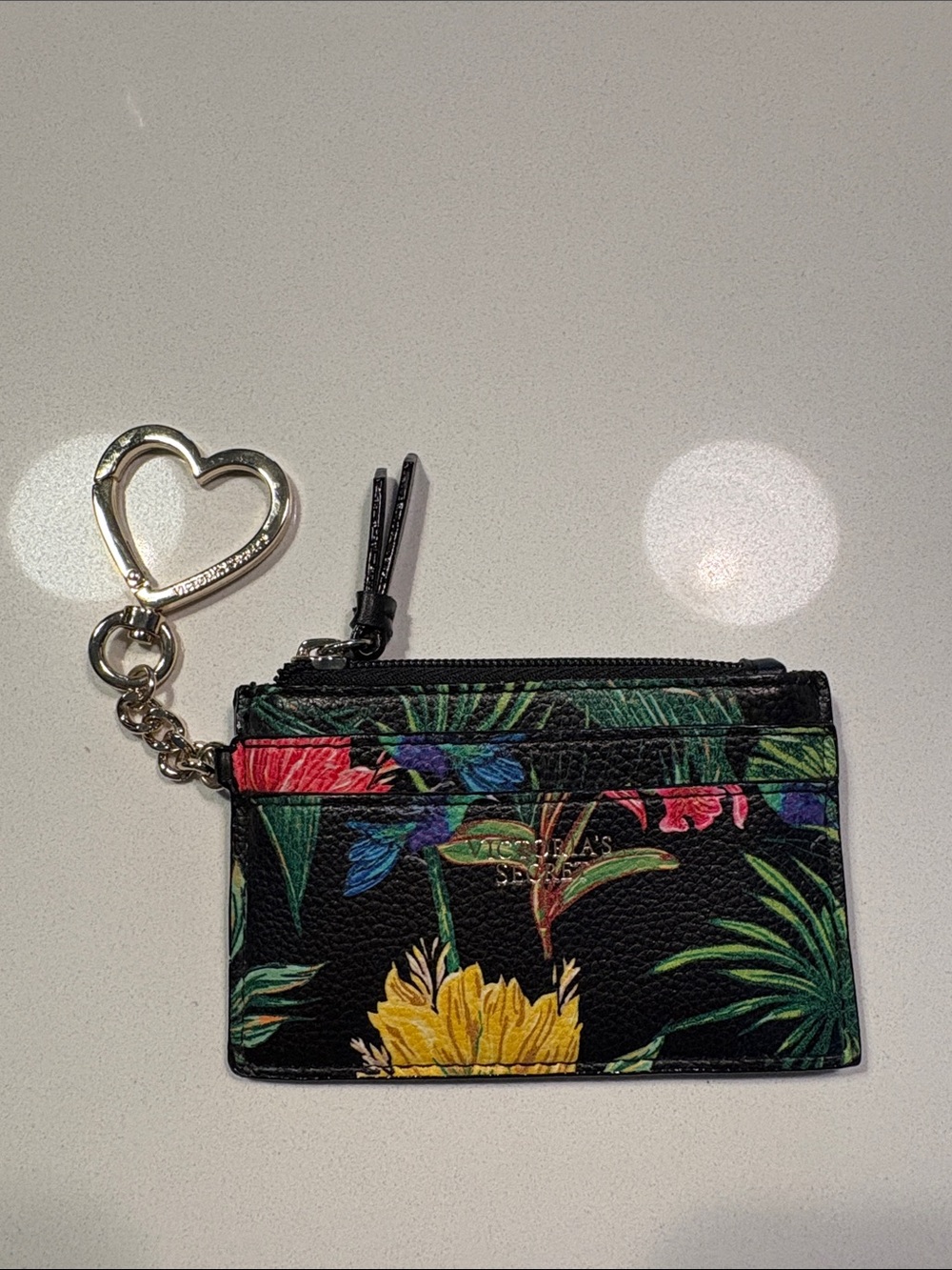 Victoria’s Secret Tropical Floral Black Card Holder Wallet with Heart Keyring